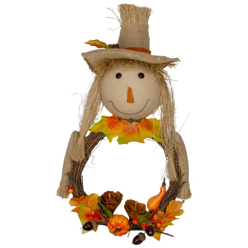 Northlight 20" Yellow and Tan Fall Harvest Scarecrow Artificial Wreath Wall Decor, 1 of 5