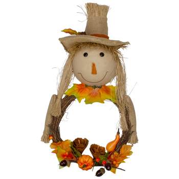 Northlight 20" Yellow and Tan Fall Harvest Scarecrow Artificial Wreath Wall Decor
