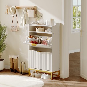 Fluted Shoe Cabinet Storage for Entryway, Wood Shoe Rack with 2 Flip Drawers and Open Shelf, Modern Entryway Organizer - 1 of 4