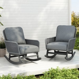 [Set of 2]Modern Outdoor Lounge Chair, Contemporary Minimalist Wicker Rocking Chair, Chairs with PE Cushions and Wooden Frame-Coolbibila - 1 of 4