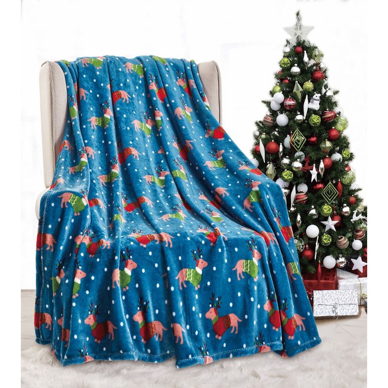 Kate Aurora Blue Christmas Reindeer Puppies Ultra Soft & Plush Accent Throw Blanket - 50 in. W x 60 in. L, 2 of 3