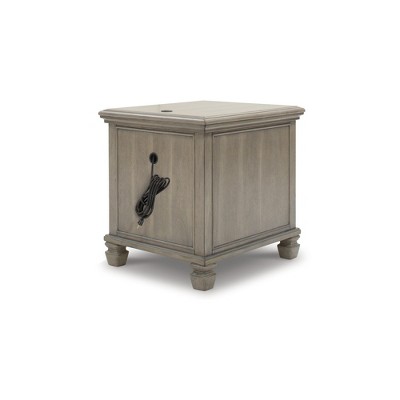 Gray Rectangular Wooden End Table with Storage and USB Ports