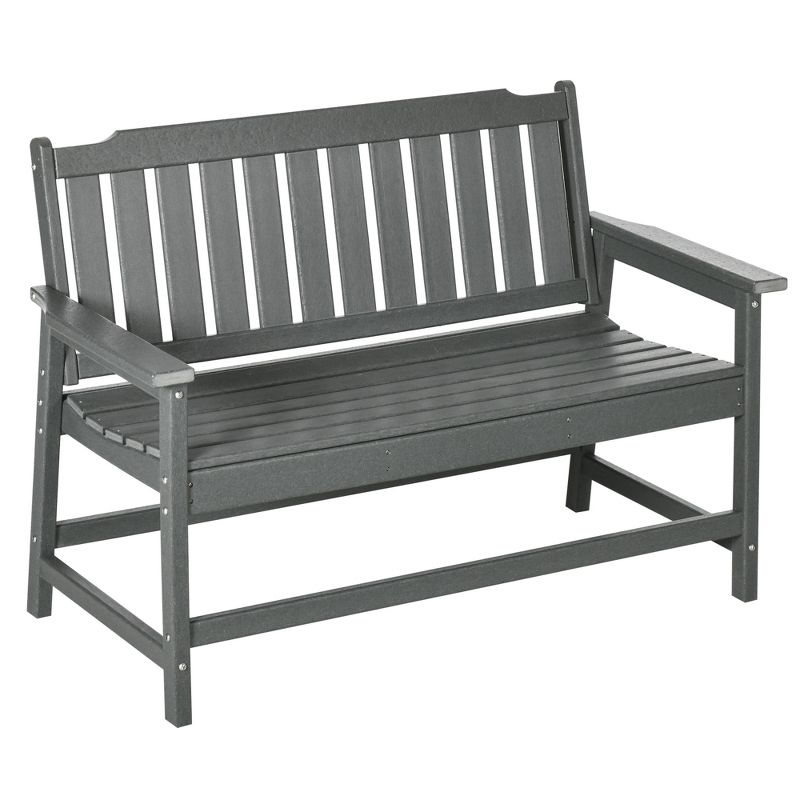Outsunny Outdoor Bench, 2-Person Park Style Garden Bench with All-Weather HDPE, 704 lbs. Weight Capacity, Slatted Back & Armrests, Dark Gray, 1 of 8