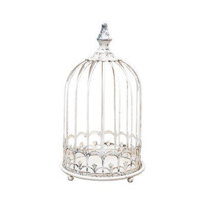 Vintage White Ornate Birdcage With Aged Finish And Decorative Filigree Base, Elegant Display Piece For Gardens, Porches, Or Interior Decor