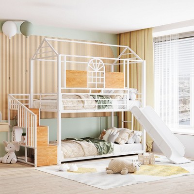 TIRAMISUBEST Twin Over Twin Bunk Bed with Slide and Storage Staircase, Metal House Bunkbed with Storage Shelves and Roof Design