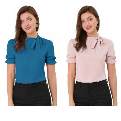 Allegra K Women's Elegant Bow Tie Neck Elastic Cuffs Office Short Sleeve Blouse 2 Pcs