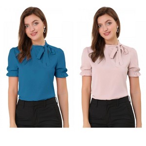 Allegra K Women's Elegant Bow Tie Neck Elastic Cuffs Office Short Sleeve Blouse 2 Pcs - 1 of 4
