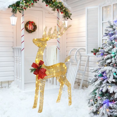Angel Sar Golden LED Christmas Reindeer Decoration, 90-Light Sleigh Decor with Pine Cone Bow, Sparkling Glitter Outdoor Indoor Holiday Decor