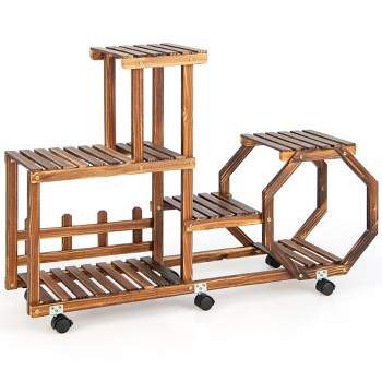Costway 6-tier 8 Potted Rolling Plant Stand Wooden Storage Display Shelf Rack with Wheels