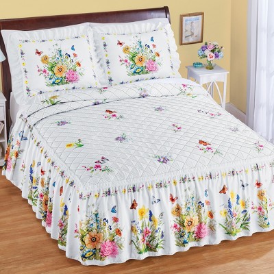 Full White Floral and Butterfly Ruffled Quilt Bedspread Set