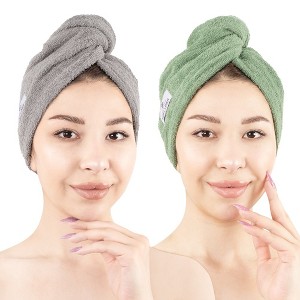 American Soft Linen 100% Cotton Hair Drying Towels for Women, 2 Pack Turkish Hair Towel Wrap, Head Towel Cap with Button, Hair Turban Towel - 1 of 4