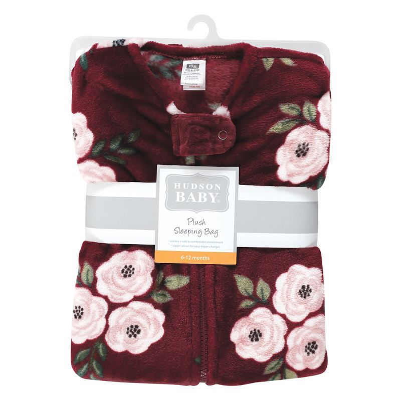 Hudson Baby Infant Girl Plush Sleeping Bag, Sack, Blanket, Burgundy Floral, 3 of 4