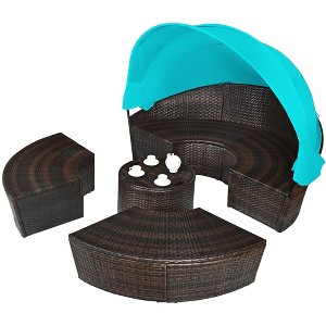 Tangkula Cushioned Patio Rattan Round Daybed w/ Adjustable Table 3 Pillows Turquoise - 1 of 4