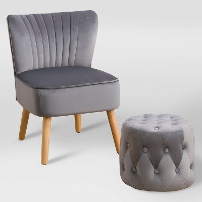 Lynwood Velvet Accent Chair and Pouf Gray - CorLiving