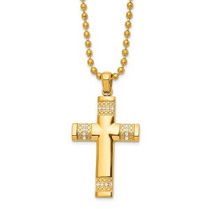 Chisel Stainless Steel and Textured Yellow IP-plated with Cubic Zirconia Cross Pendant on a 24" Ball Chain Necklace - 1 of 2