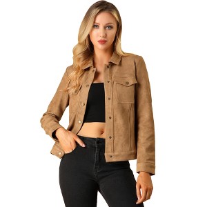 Allegra K Women's Turn-Down Collar Flap Pockets Snap Button Faux Suede Jacket - 1 of 4