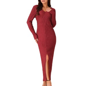 Seta T Women's Elegant Long Sleeve Round Neck Slit Hem Knit Maxi Dress - 1 of 4