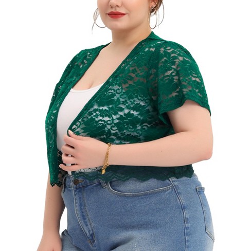 Agnes Orinda Women's Plus Size Shrug Lace Allover Open Front Short Sleeve  Crop Bolero Cardigan Dark Green 3x : Target