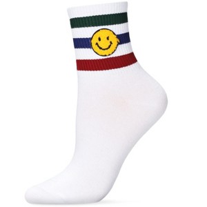 Memoi Women's Smiley Terry Patch Stripe Crew Socks - 1 of 4