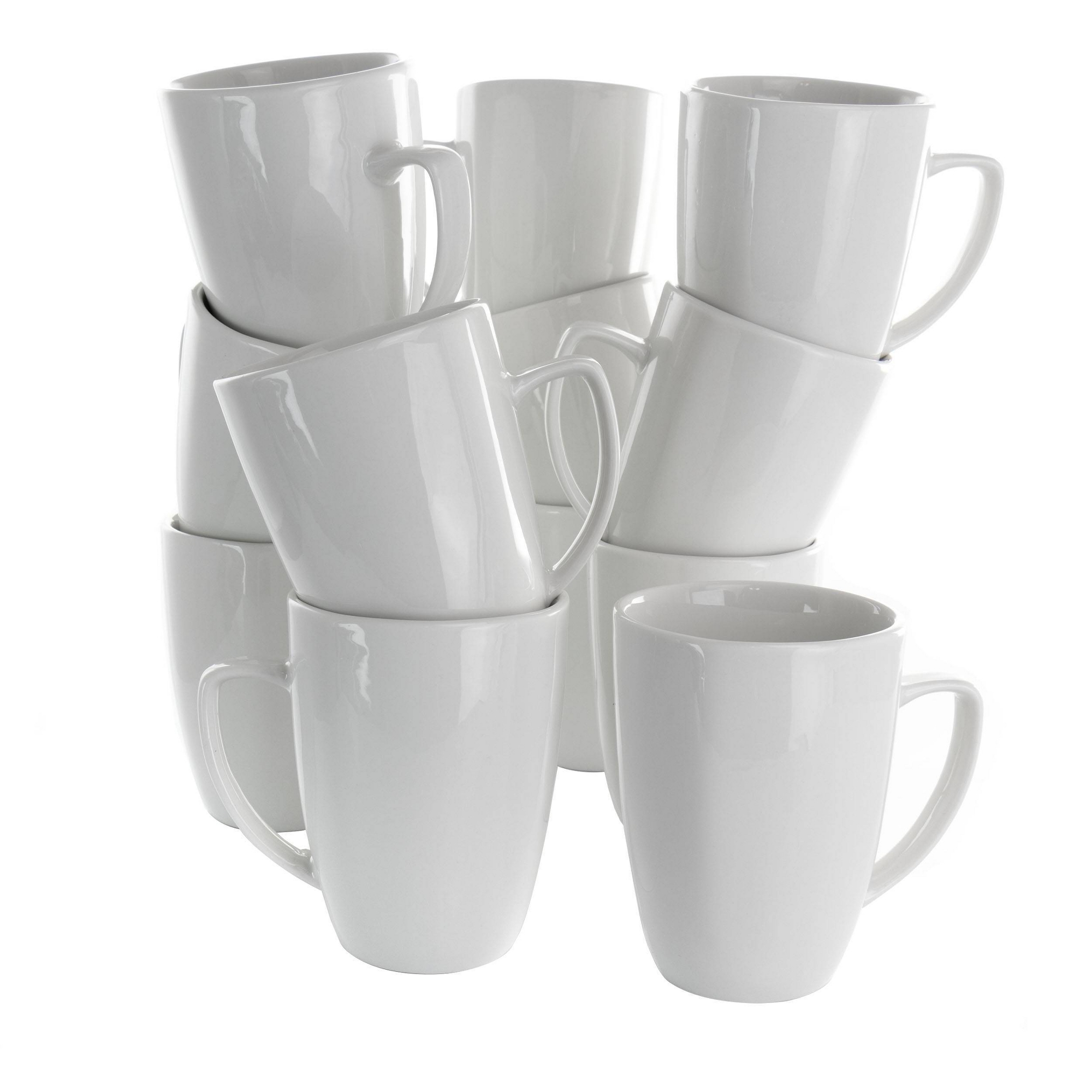 Elama 12oz 12pc Porcelain Riley Mug Set White: Coffee Mugs Set, Microwave & Dishwasher Safe, Service for 12