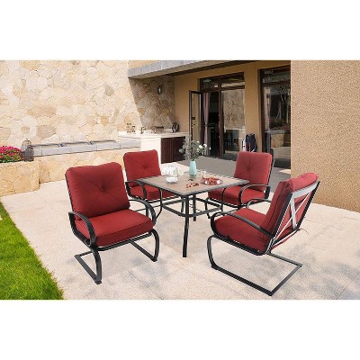 5pc Patio Dining Set with Square Faux Wood Table with Umbrella Hole & 4 Metal Spring Motion Chairs - Red - Captiva Designs