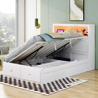 Streamdale Wood Full Size Storage Bed with LED Headboard & Charging Station, White