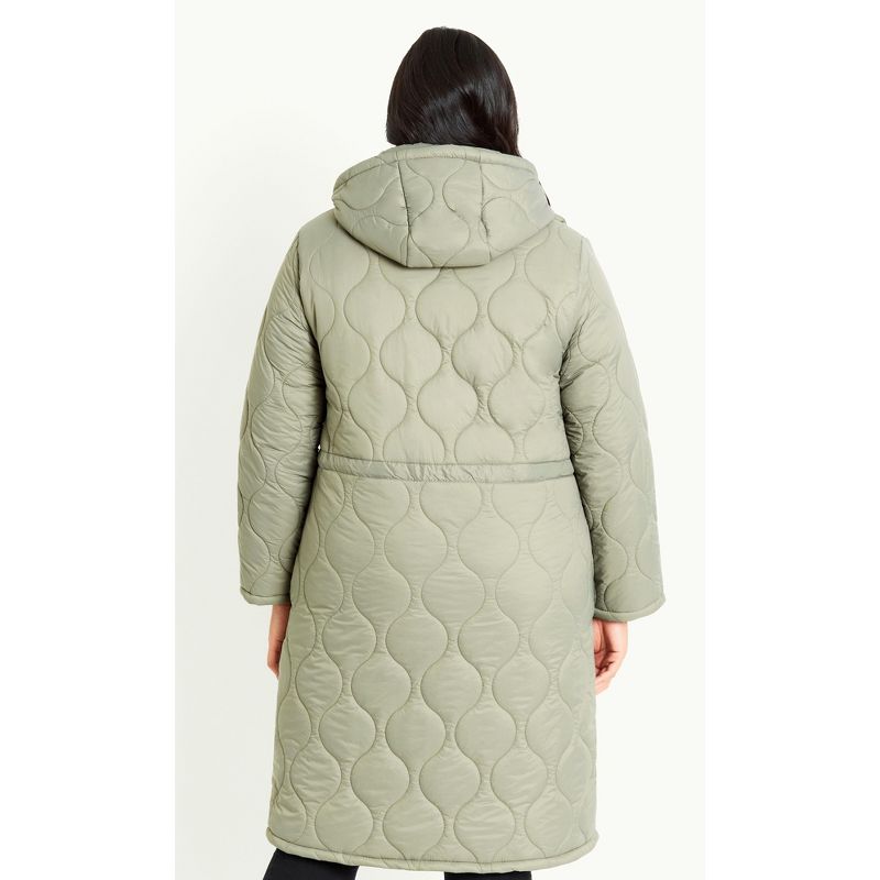 Women's Plus Size Quilted Hood Coat - Green | EVANS, 3 of 9