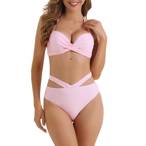 INSPIRE CHIC Women s Push Up Halter Bikini Sets Wide Tie Criss Cross Bandage Triangle Bottoms Swimwear Bathing Suits 2 Pieces Pink X Small