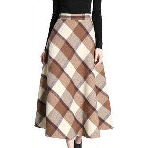 Women's Wool Plaid A-Line Skirt - Winter Warm Elastic Waist Pleated Long Skirt Plaid Brown - 1 of 4