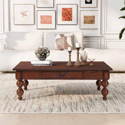 PDTEND Vintage Wooden Coffee Table with Storage Drawer, Solid Wood Gourd Legs & No-Tools Assembly