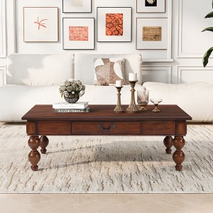 PDTEND Vintage Wooden Coffee Table with Storage Drawer, Solid Wood Gourd Legs & No-Tools Assembly - 1 of 4