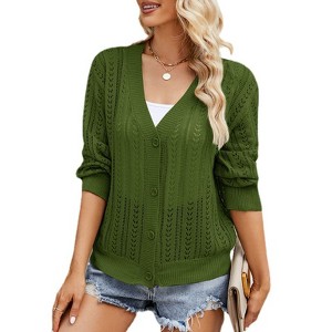 Coolmee Women's Button Up Cable Knit Cardigan Lightweight Crewneck Crochet Sweaters Tops Casual Jackets - 1 of 4