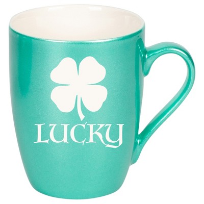 100 North Four Leaf Clover 10 Ounce Seafoam Metallic Finish, Comfortably Fits Your Hands, New Bone China Coffee Tea Cup Mug, Lucky