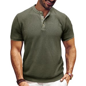Mens Waffle Henley T-Shirts Slim Fit Short Sleeve Textured T Shirts Waffe Knit T Shirts Basic Summer Tops Front Button T-Shirt - 1 of 4
