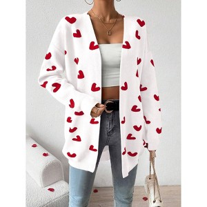 Coolmee Women's Fall Winter Long Sleeves Open Front Heart Print Knitted Sweater Cardigan Coat Outwear - 1 of 3