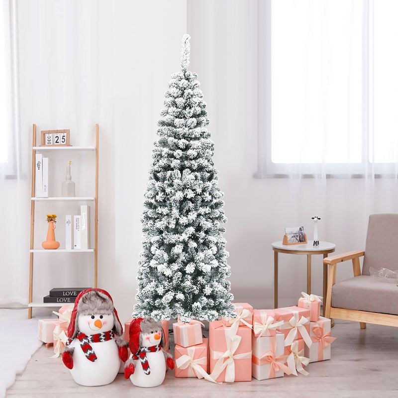 Costway 6Ft Unlit Hinged Snow Flocked Artificial Pencil Christmas Tree w/ 500 Branch Tip, 4 of 10