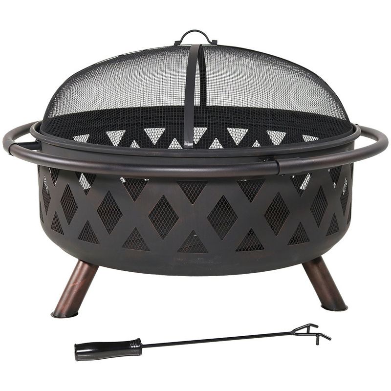 Sunnydaze Crossweave Heavy-Duty Steel Outdoor Fire Pit with Spark Screen, Poker, Grill, and Cover - Black, 5 of 13