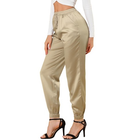 Allegra K Women's Drawstring Elastic Waist Ankle Length Satin Joggers with  Pocket Khaki X-Large