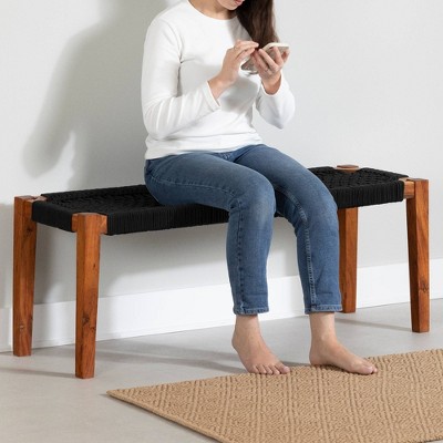Black and Natural Wood Entryway Bench with Woven Seat
