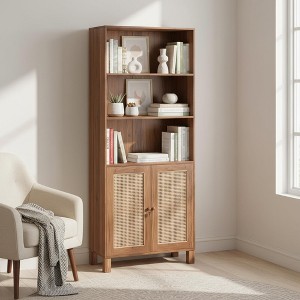 Homy Casa 5-Tier Tall Bookcase with Rattan Doors for Living Room or Home Office - 1 of 4