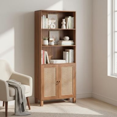 Homy Casa 5-Tier Tall Bookcase with Rattan Doors for Living Room
