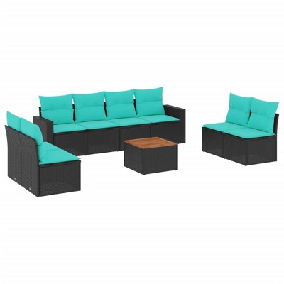vidaXL 9 Piece Patio Sofa Set with Cushions - Black and Blue