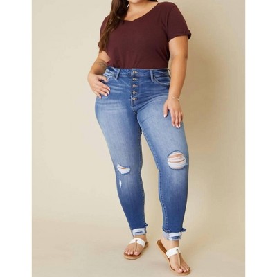 Women's High Rise Button Fly Ankle Skinny Jeans - Plus - KanCan