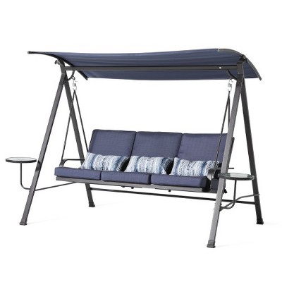 Patio Swing Chair, Porch Swings Outdoor with Removable 3 Seats and 2 Side Tables, Canopy, Lumbar Pillow, Stainless Steel Spring Hook, Outdoor Swing