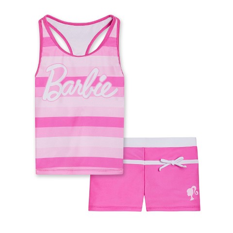 Barbie Little Girls Racerback UPF 50+ Tankini Top and Swim Shorts Outfit Set Pink