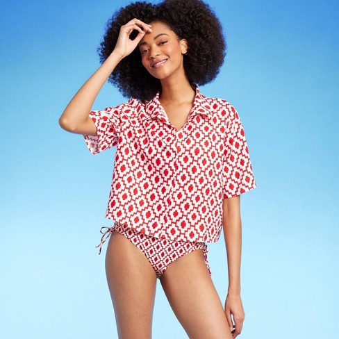 Women's Cropped Button-up Short Sleeve Cover Up Top - Shade