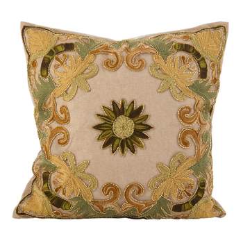 Saro Lifestyle Embroidered Floral Design Beaded Cotton Poly Filled Throw Pillow
