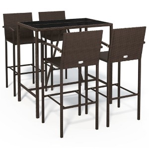 vidaXL 5-Piece Patio Bar Set - Outdoor Garden Furniture Set with Weather-Resistant Poly Rattan, Comfortable Stools, Glass-Top Table - Brown - 1 of 4
