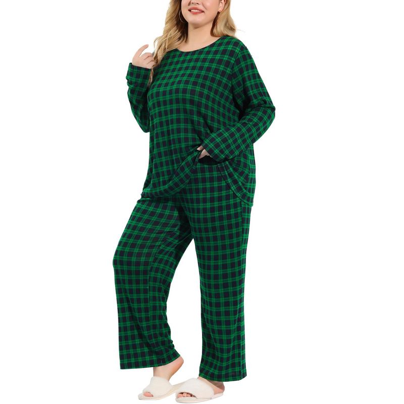 Agnes Orinda Women's Plus Size Nightgown Pajama Sets Buffalo Plaid Check Side Pocket Elastic Waist Relaxed Fit Sleepwear Pajamas, 2 of 7