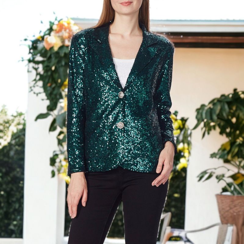 Anna-Kaci Women's Long Sleeve Sparkle Sequin Two Button Blazer Jacket, 3 of 9